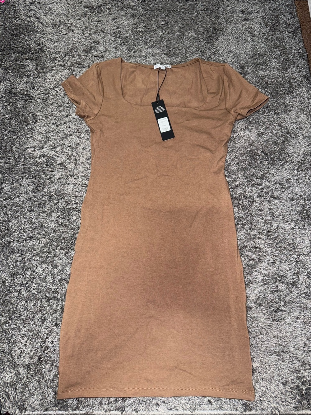 Fashion Nova Ribbed Square Neck Short Sleeve Mini Dress — Brown